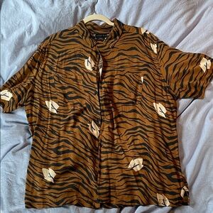 All Saints Men's Brown and Black Tiger Print Shirt